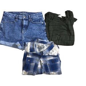 Juniors Size Medium Bundle of Jean Shorts, Flannel Short & Striped Top. Preloved